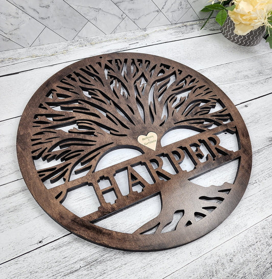 Tree Of Life Wood Sign, Custom Wall Art with Family Tree with Last Name, Wooden Circle with Tree, Roots, Heart, Mothers or Fathers Day Gift