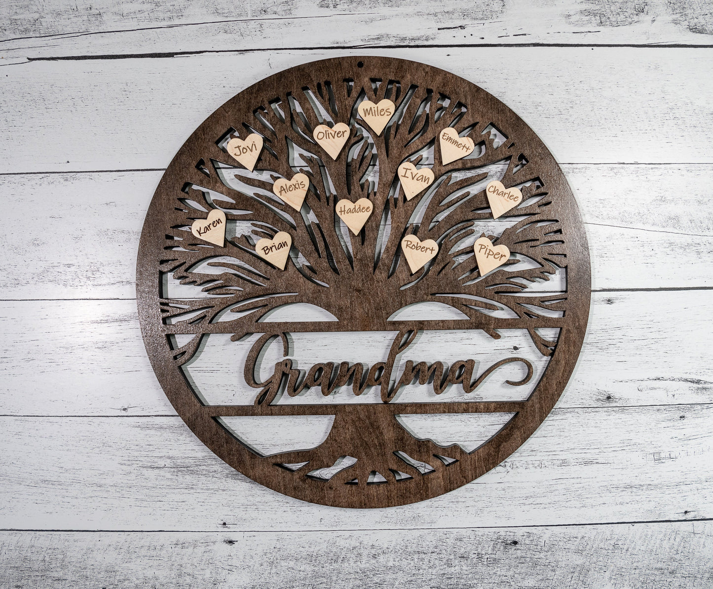 Tree Of Life Wood Sign, Custom Wall Art with Family Tree with Grandma Or Grandpa, Wooden Circle Tree, Roots, Heart, Mothers Fathers Day Gift