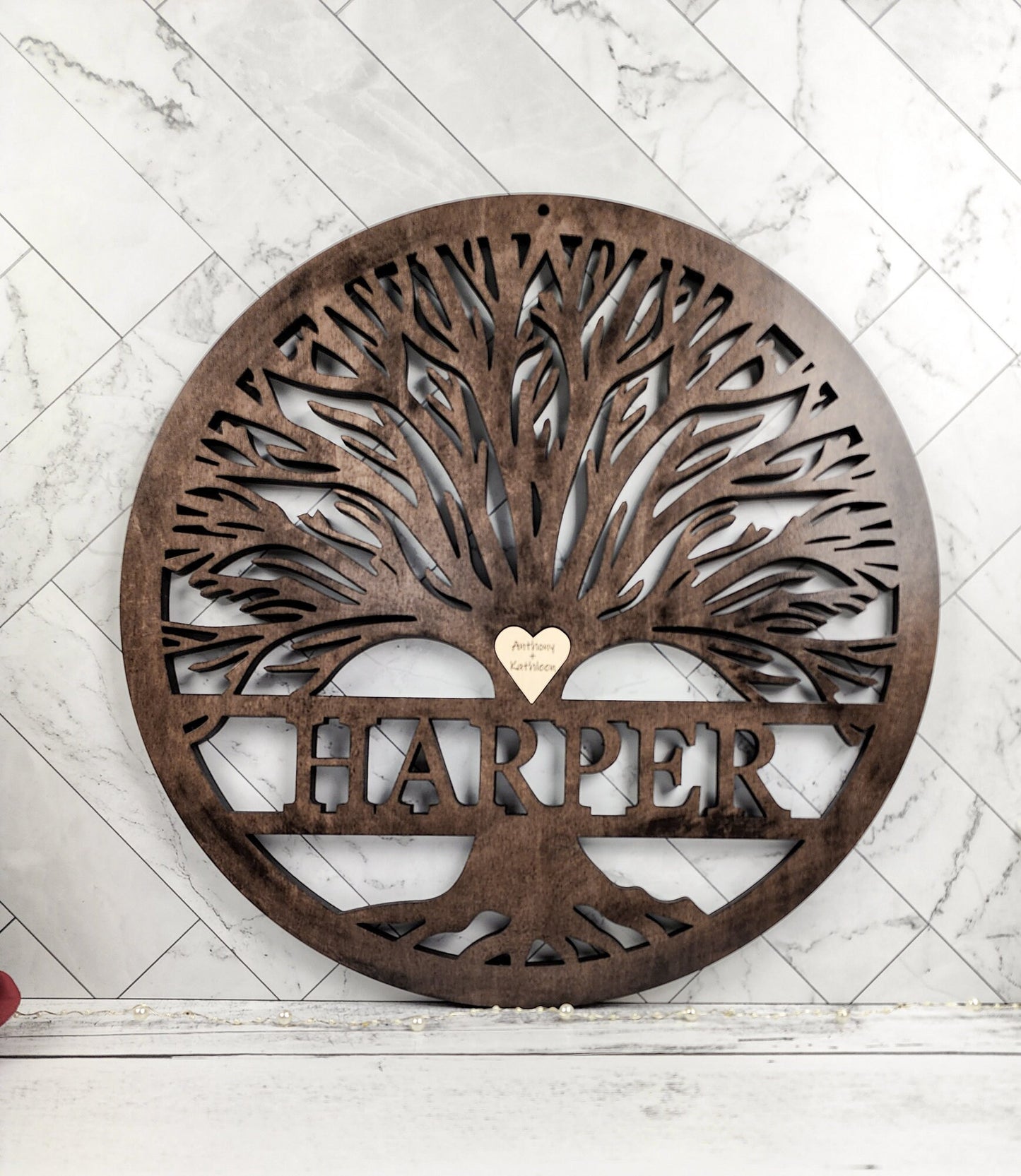 Tree Of Life Wood Sign, Custom Wall Art with Family Tree with Last Name, Wooden Circle with Tree, Roots, Heart, Mothers or Fathers Day Gift