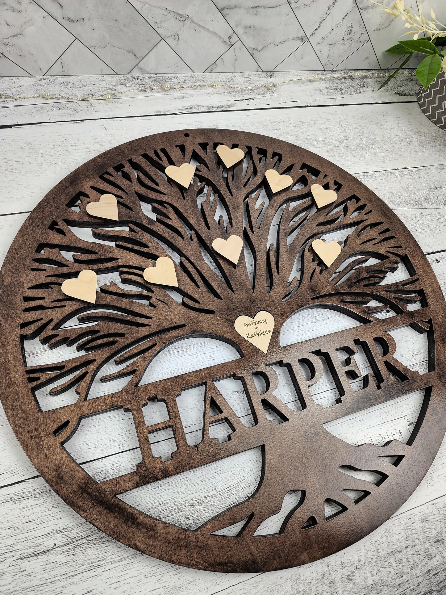 Tree Of Life Wood Sign, Custom Wall Art with Family Tree with Last Name, Wooden Circle with Tree, Roots, Heart, Mothers or Fathers Day Gift