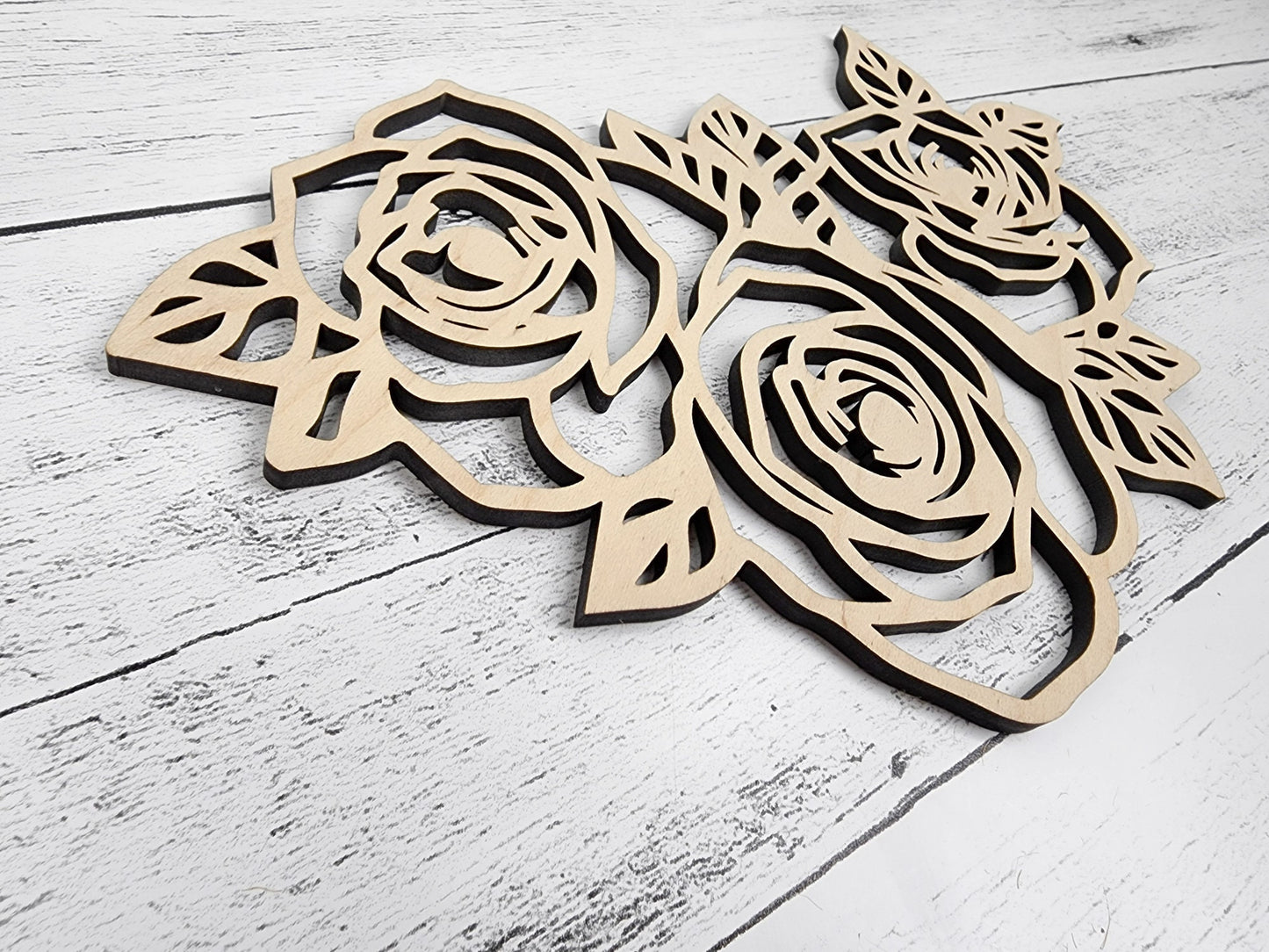 Wood Floral Rose Cut out, Flower shapes with leaves, Wooden floral pattern for signs, flowery blanks for crafts, unfinished DIY, sign making
