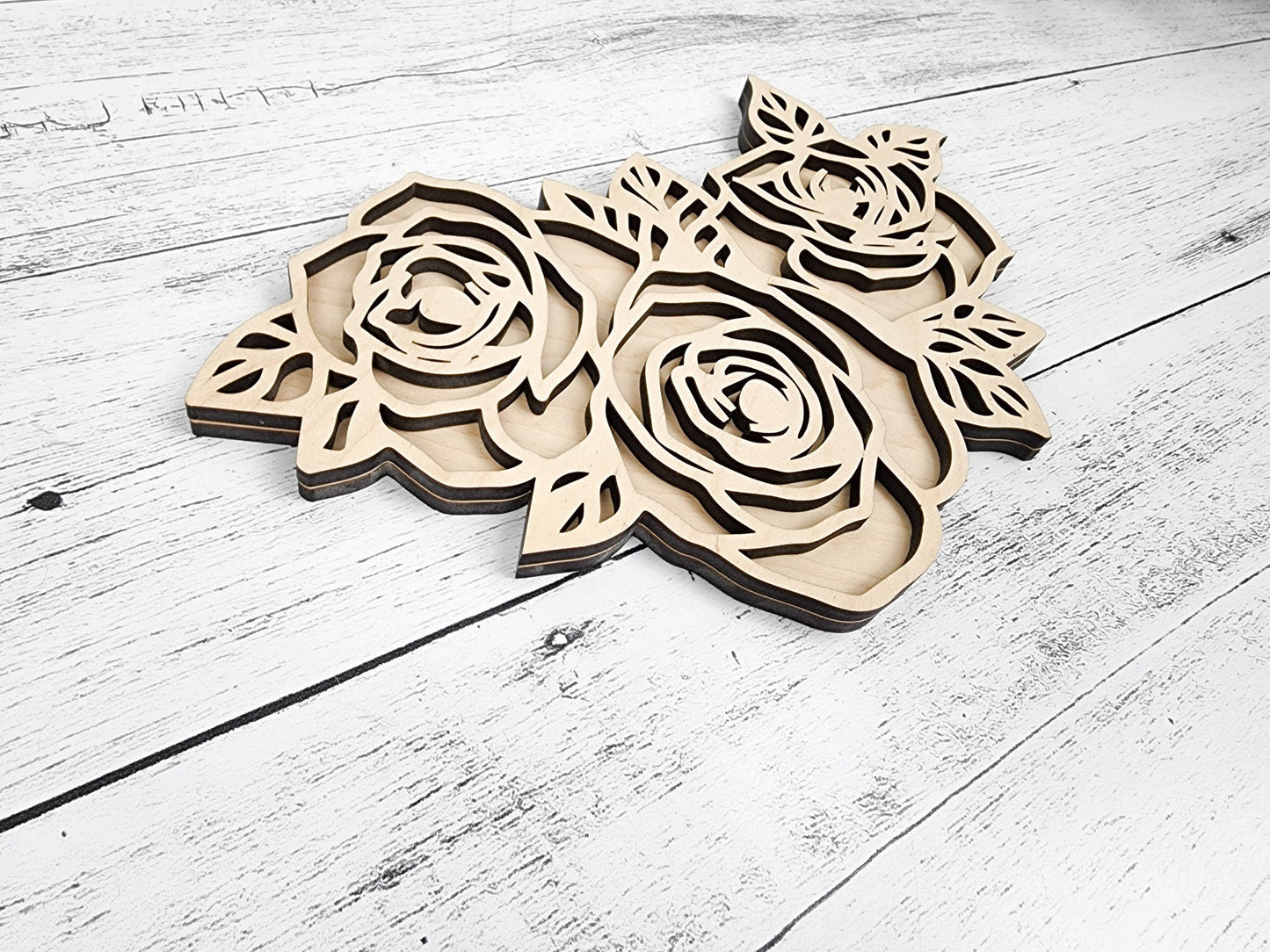 Wood Floral Rose Cut out, Flower shapes with leaves, Wooden floral pattern for signs, flowery blanks for crafts, unfinished DIY, sign making