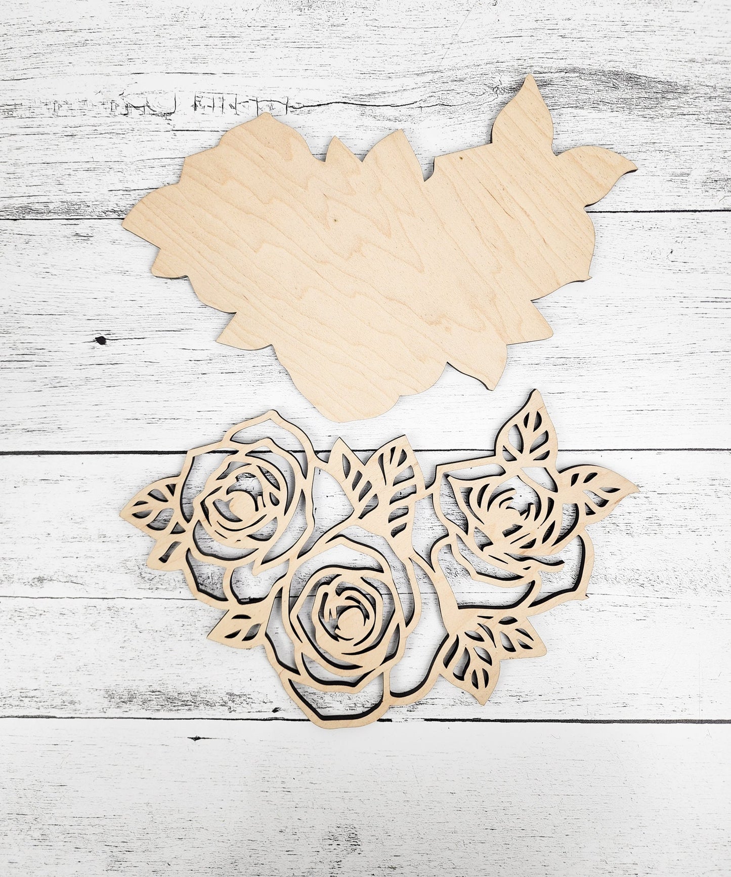 Wood Floral Rose Cut out, Flower shapes with leaves, Wooden floral pattern for signs, flowery blanks for crafts, unfinished DIY, sign making