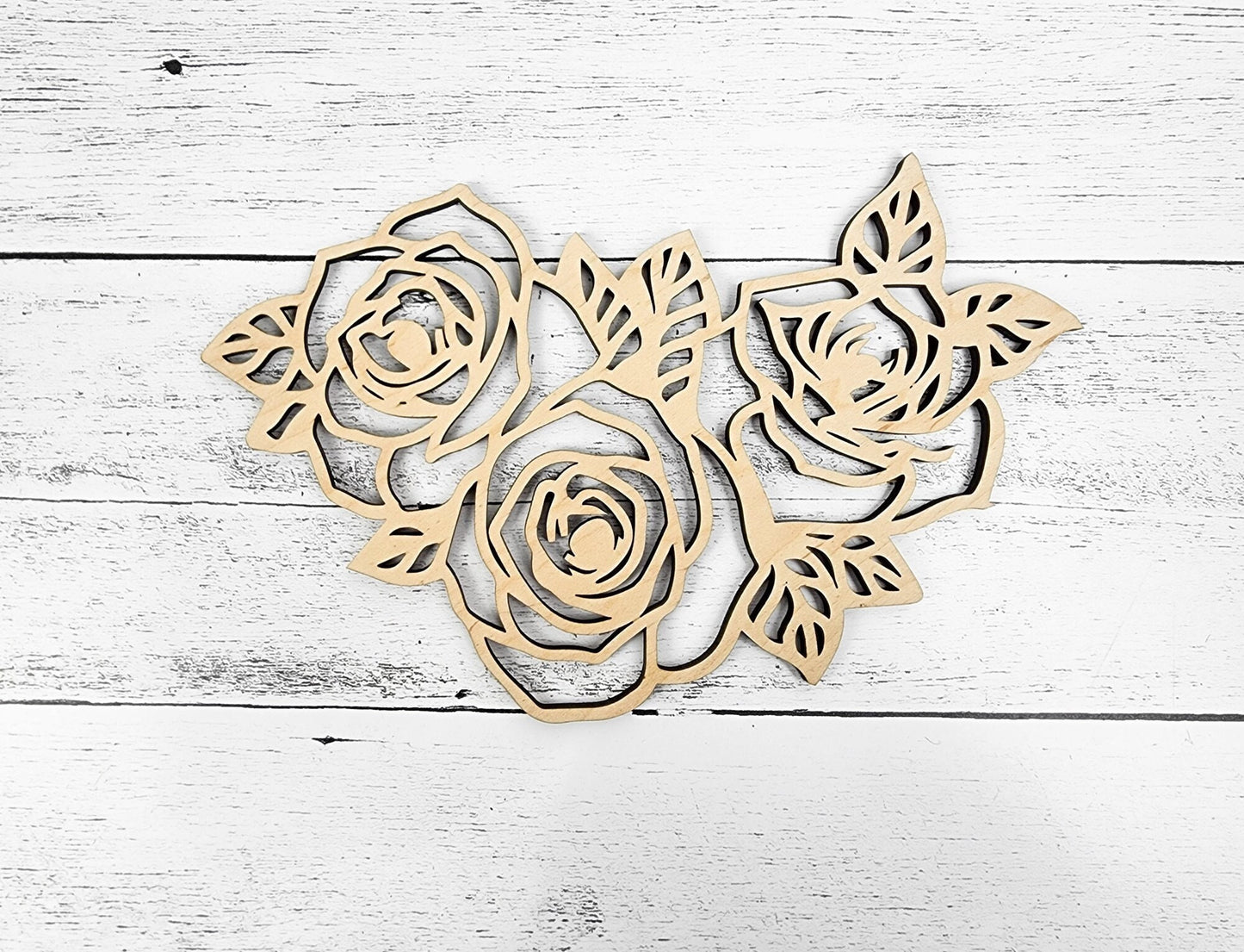 Wood Floral Rose Cut out, Flower shapes with leaves, Wooden floral pattern for signs, flowery blanks for crafts, unfinished DIY, sign making