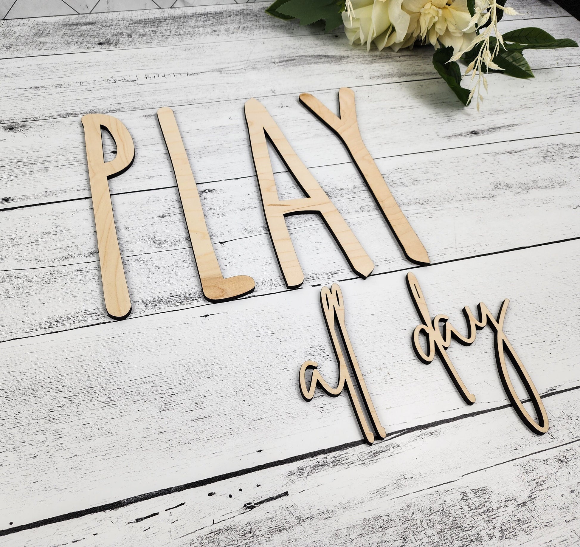 PLAY all day playroom kids toy room decor sign wood wall art, recreational room signage, custom wood cut out words & letters, preschool sign