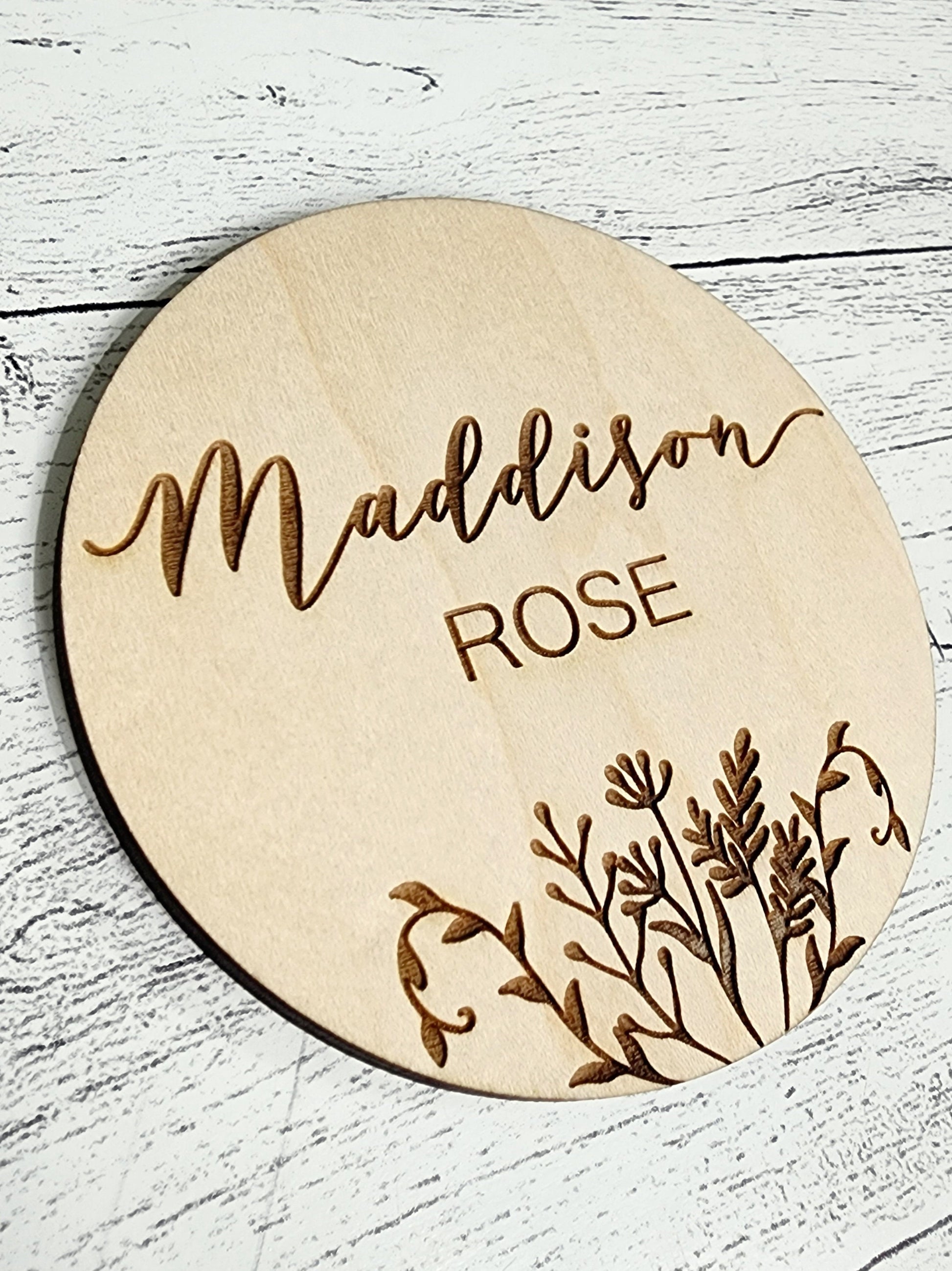 Baby Announcement Name Sign Plaque, Engraved Wooden Round Custom Name Reveal, Newborn Photo Prop, Personalized Nursery Keepsake