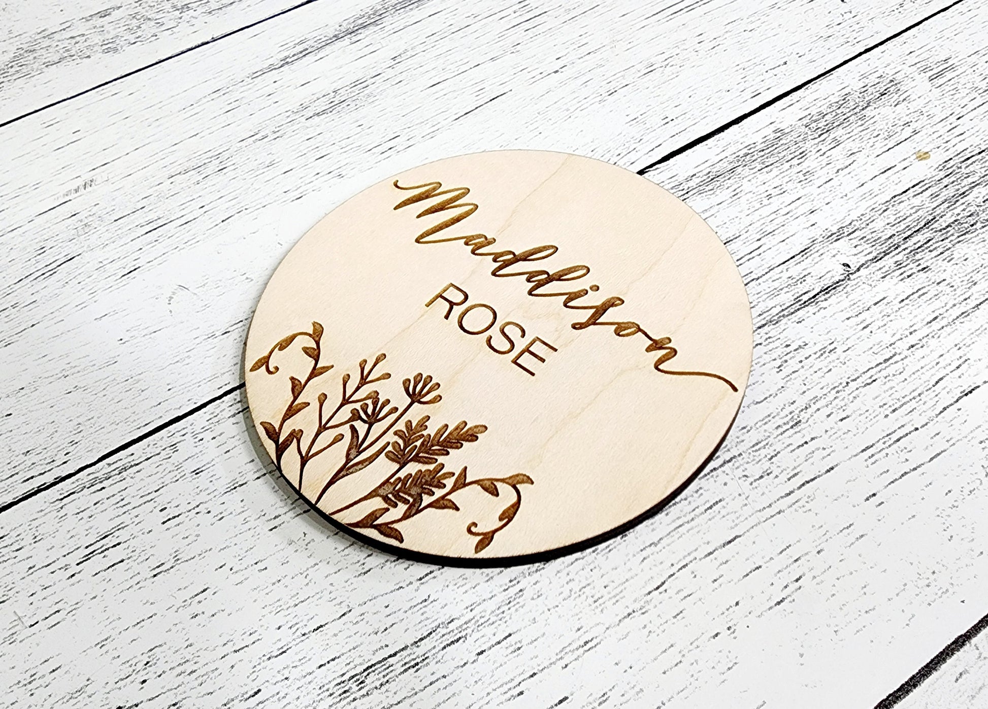 Baby Announcement Name Sign Plaque, Engraved Wooden Round Custom Name Reveal, Newborn Photo Prop, Personalized Nursery Keepsake