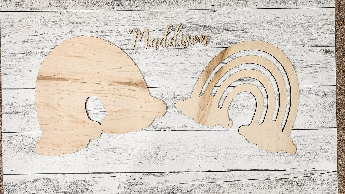 Rainbow Nursery Name Sign Decor Kit, Boho Wooden Baby Room Wall Art, Personalized Shower Gift, Natural & Neutral Wood Decorations