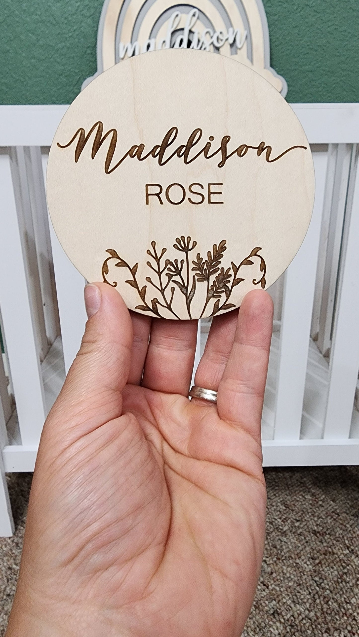 Baby Announcement Name Sign Plaque, Engraved Wooden Round Custom Name Reveal, Newborn Photo Prop, Personalized Nursery Keepsake