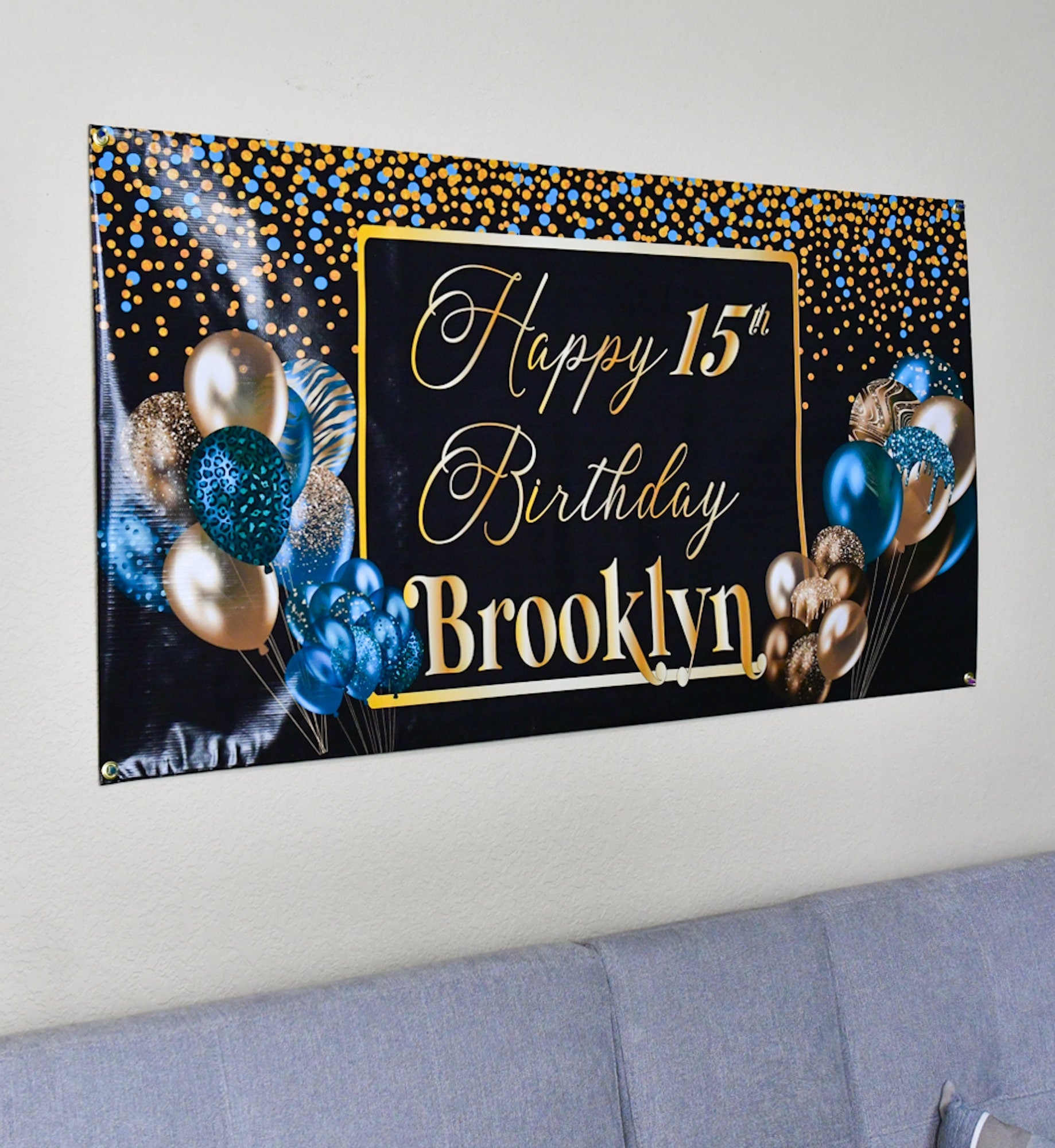Custom Happy Birthday Banner with Name, Personalized Black & Gold Balloons, Flag Sign, Indoor, Outdoor, Reusable, Milestone, Multiple Sizes