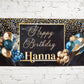 Custom Happy Birthday Banner with Name, Personalized Black & Gold Balloons, Flag Sign, Indoor, Outdoor, Reusable, Milestone, Multiple Sizes
