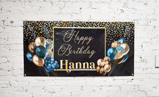 Custom Happy Birthday Banner with Name, Personalized Black & Gold Balloons, Flag Sign, Indoor, Outdoor, Reusable, Milestone, Multiple Sizes