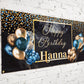 Custom Happy Birthday Banner with Name, Personalized Black & Gold Balloons, Flag Sign, Indoor, Outdoor, Reusable, Milestone, Multiple Sizes