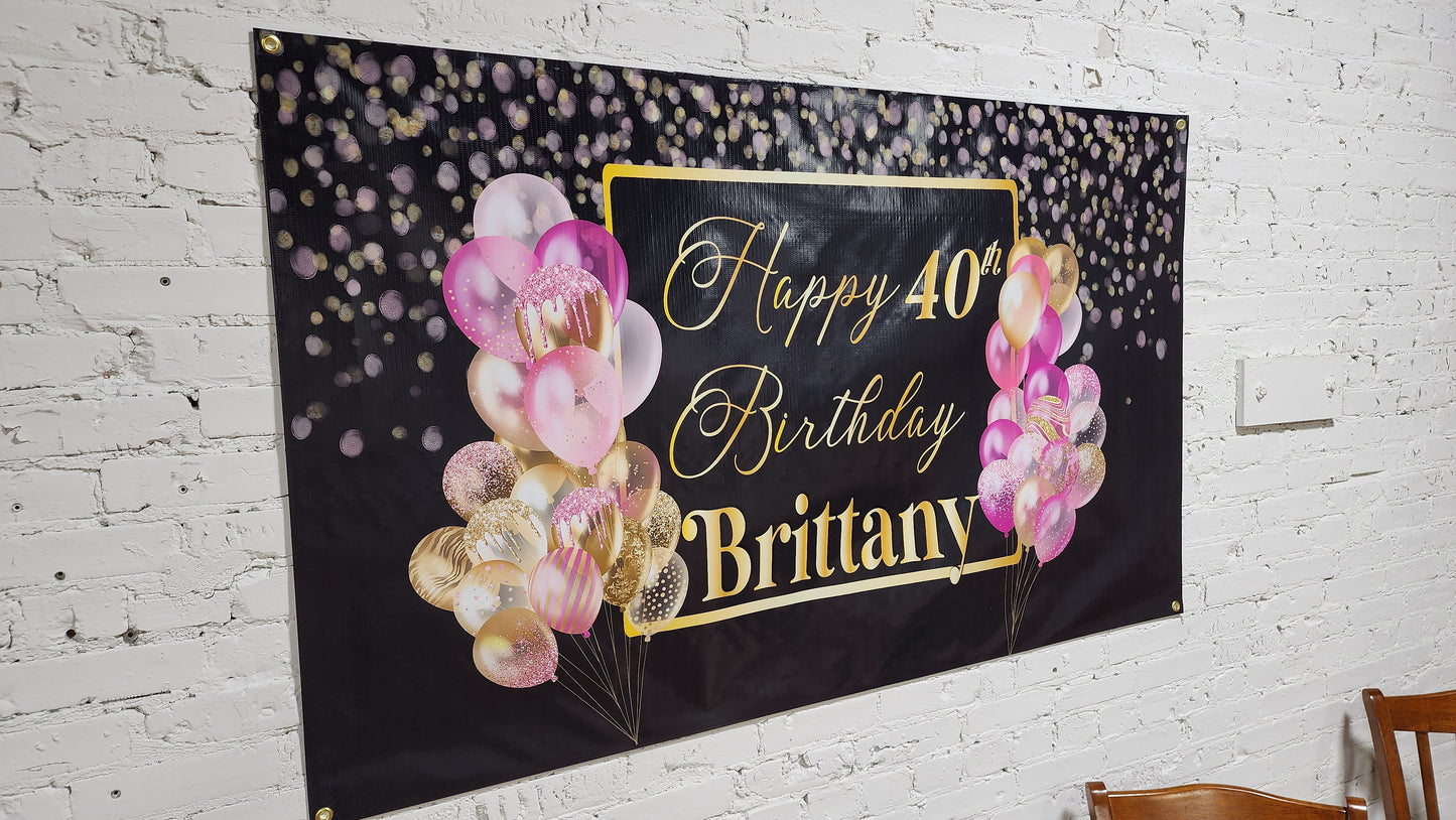 Custom Birthday Banner with Name Personalized, Pink Black Gold, Happy Birthday Flag Sign, Indoor, Outdoor, Reusable Milestone 40th 21st 30th