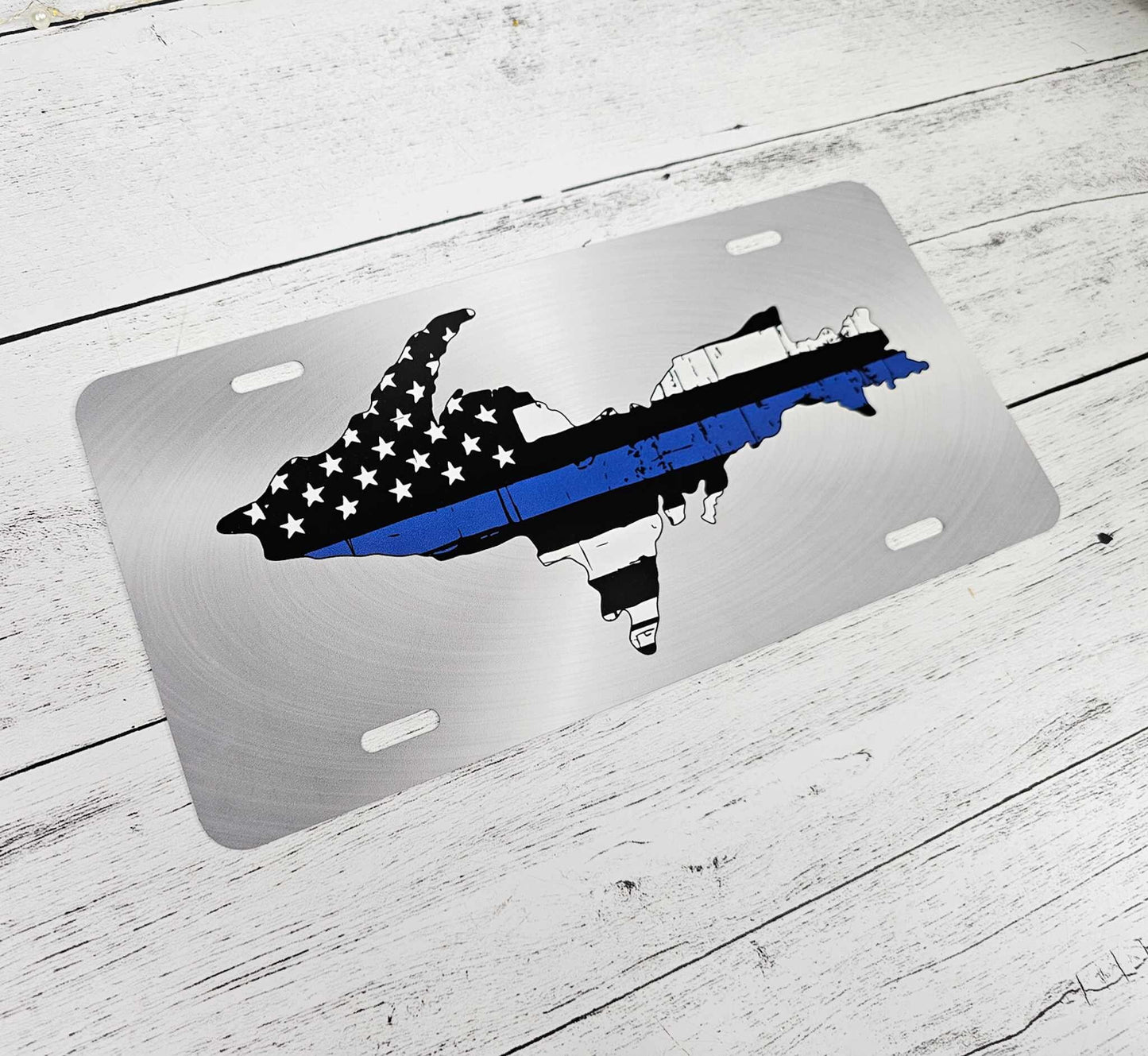 Police Officer Upper Michigan Blue Line License Plate, Gift For Yooper, Upper Peninsula, UP, Law Enforcement Support, aluminum metal