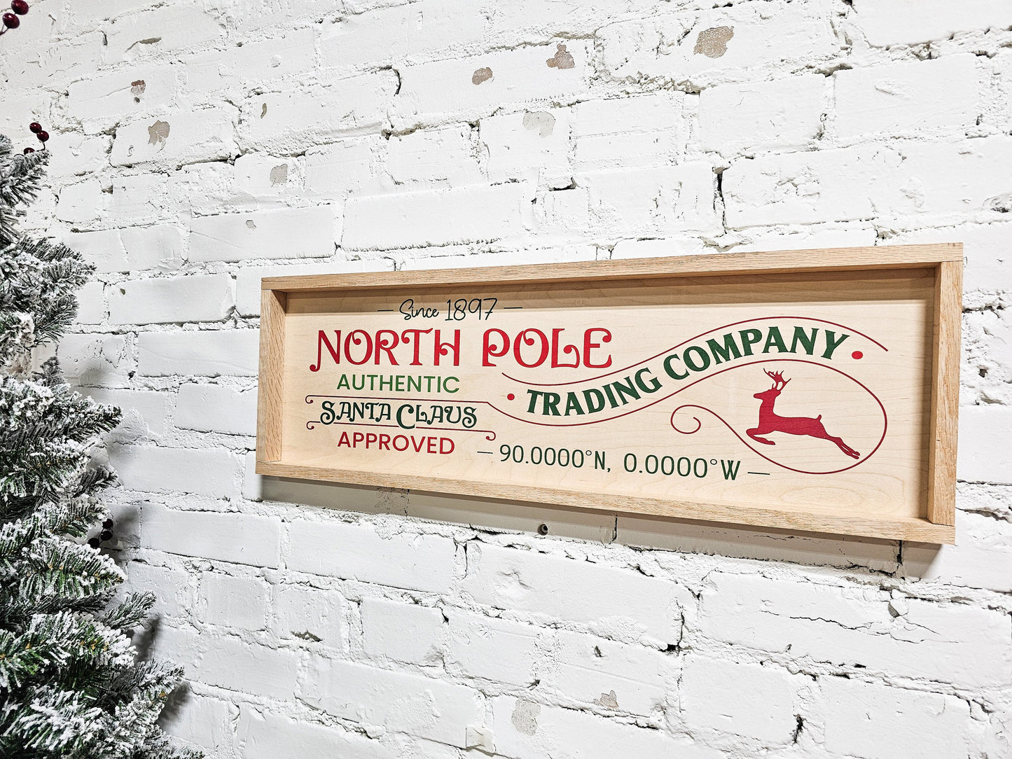 North Pole Decor Wooden Sign, Framed, Santa Claus Trading Company Wall Art Decoration, Holiday Season, Xmas Farmhouse Boho Natural Style