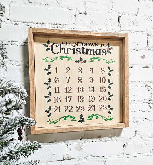 Countdown to Christmas Decor Wooden Sign, Framed Xmas Calendar, December, Seasonal Holiday Decorations, Mistletoe, Farmhouse Natural Wood