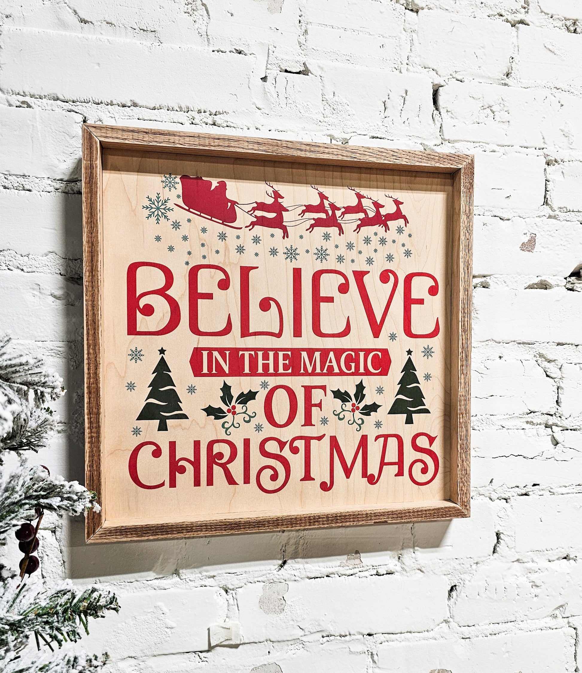 Believe in the Magic of Christmas Decor Wooden Sign, Framed, Santa Reindeer, Christmas Tree, Mistletoe, Snowflakes, Farmhouse Natural Wood