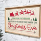 may you never be too old to search the skies on christmas eve holiday wooden sign wall decor hanging with santa claus in sleigh and reindeer at top of sign