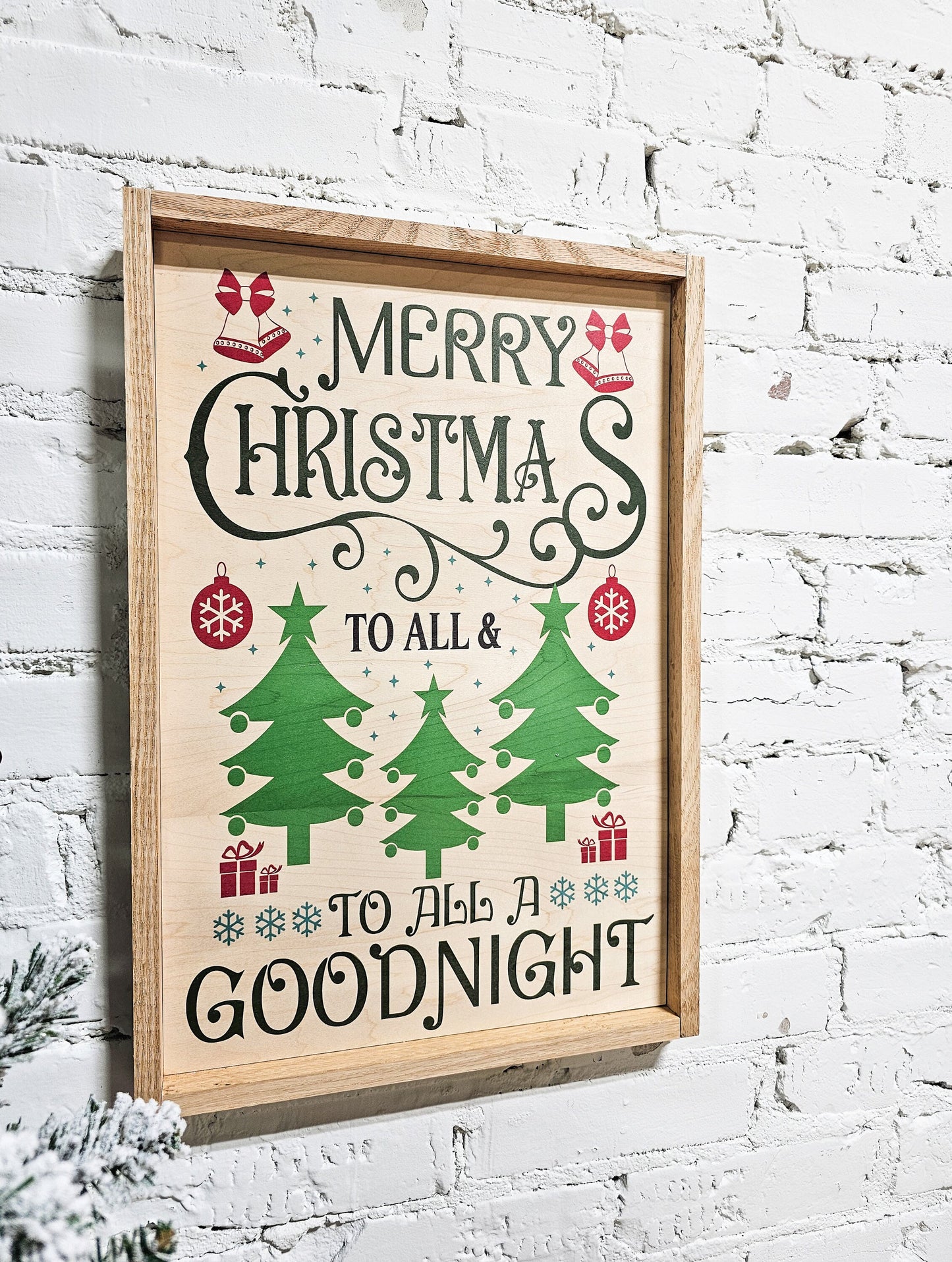 Merry Christmas to all Goodnight Decor Wooden Sign, Framed, Santa Reindeer, Holiday Season, Xmas Tree, Snowflakes, Farmhouse Boho Natural