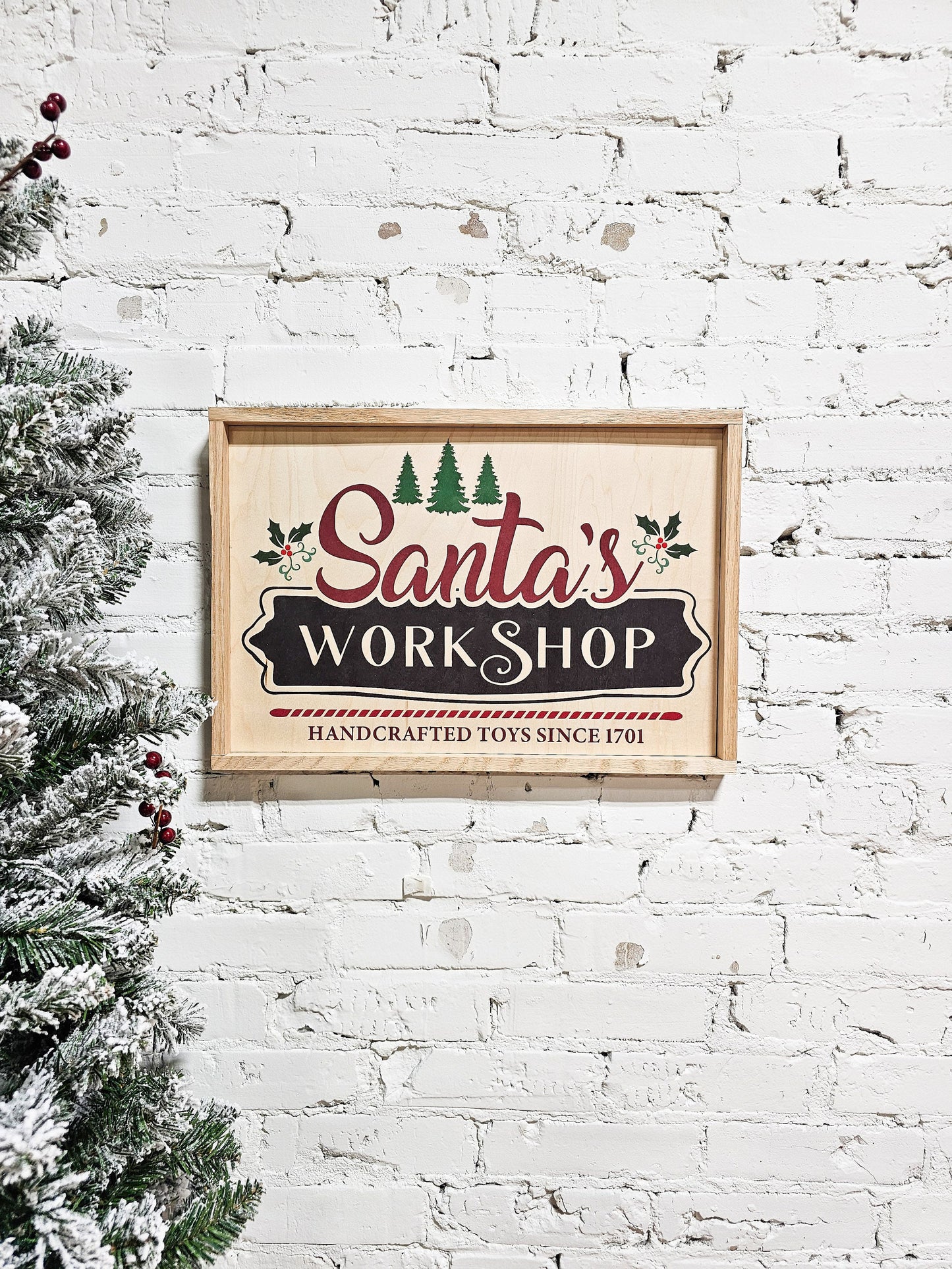 santa&#39;s workshop, handcrafted toys since 1701 wooden framed sign christmas decor, natural wood
