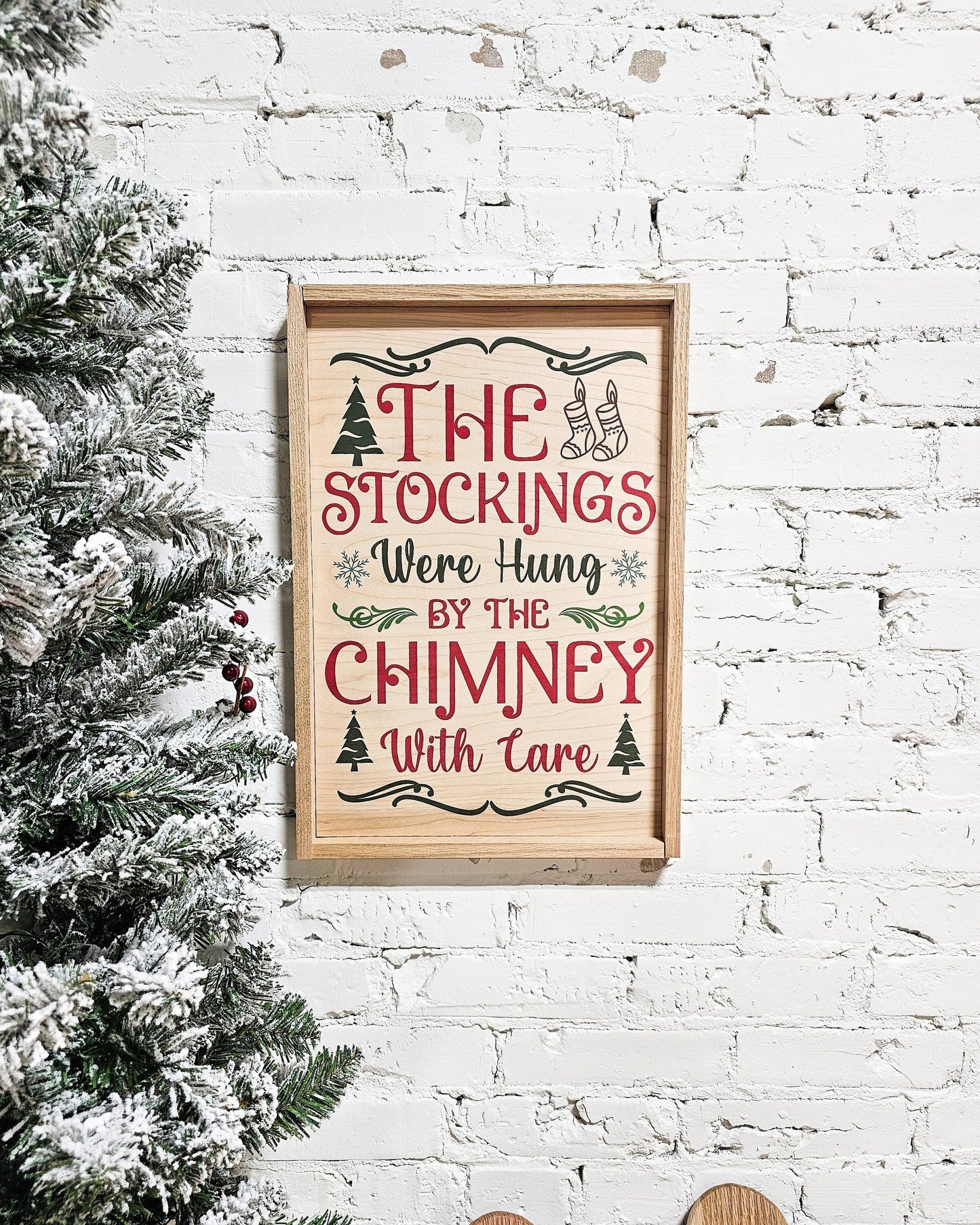 and the stockings were hung by the chimney with care wooden framed christmas sign wall decor