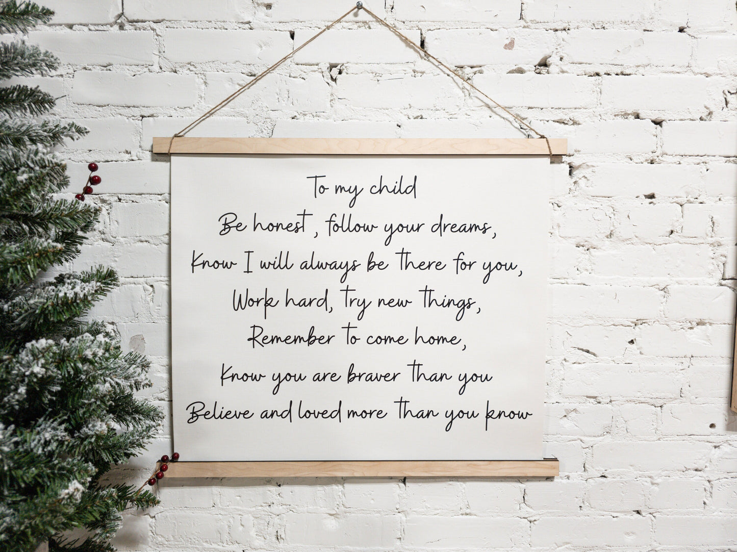 custom phrase hanging framed canvas wall art decor, banner sign. hung with rope, top & bottom framed canvas for nursery, kids room, playroom, or any room with you custom phrase in cursive