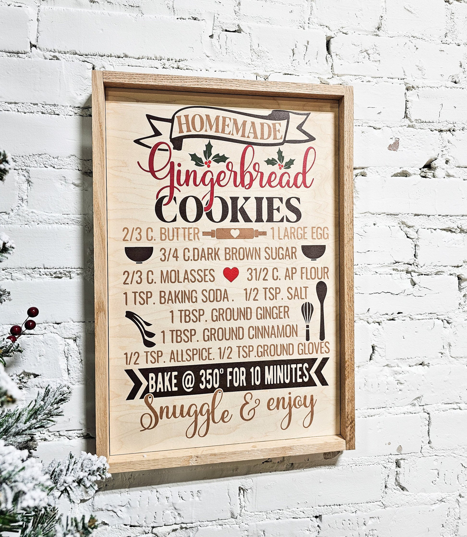 gingerbread Christmas cookie recipe wooden framed wall sign, natural wood christmas decor