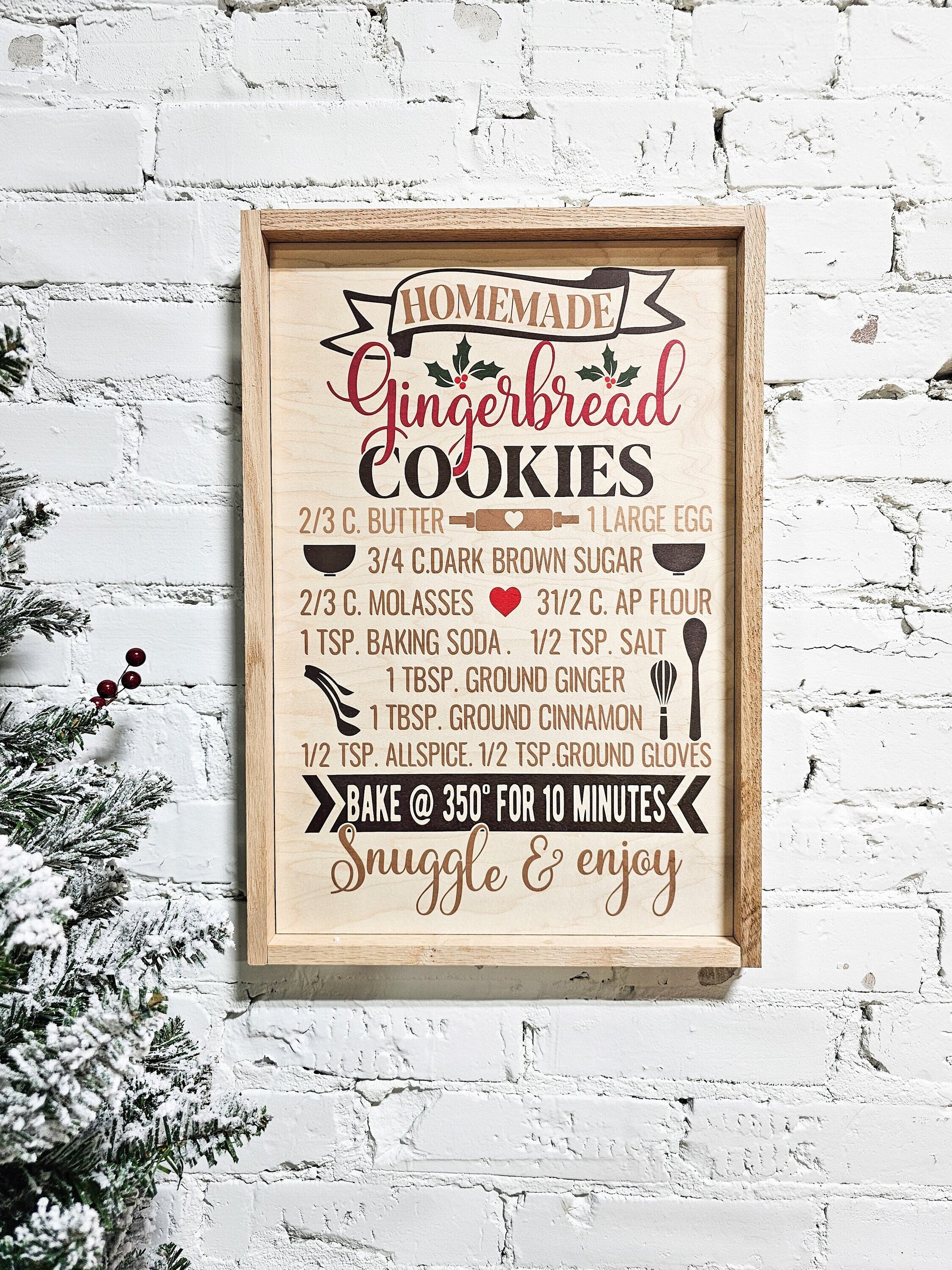 gingerbread Christmas cookie recipe wooden framed wall sign, natural wood christmas decor