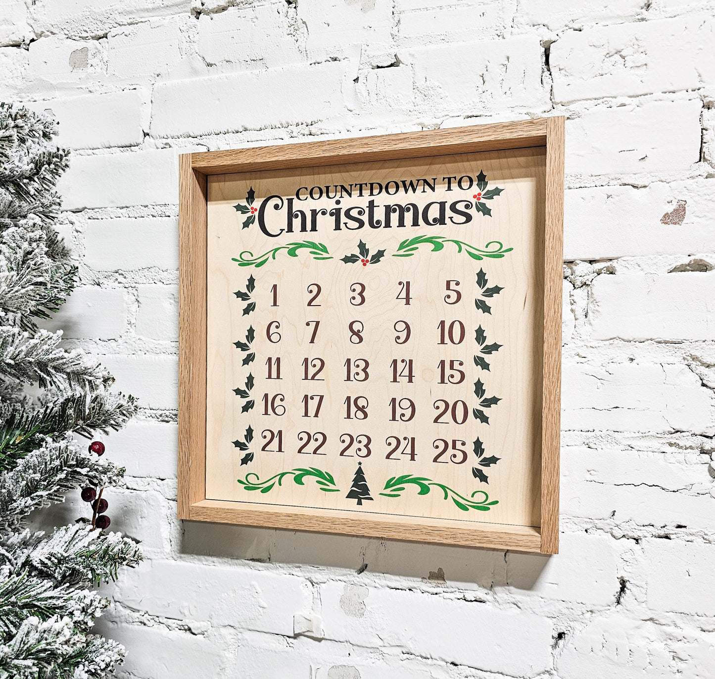 Countdown to Christmas Decor Wooden Sign, Framed Xmas Calendar, December, Seasonal Holiday Decorations, Mistletoe, Farmhouse Natural Wood