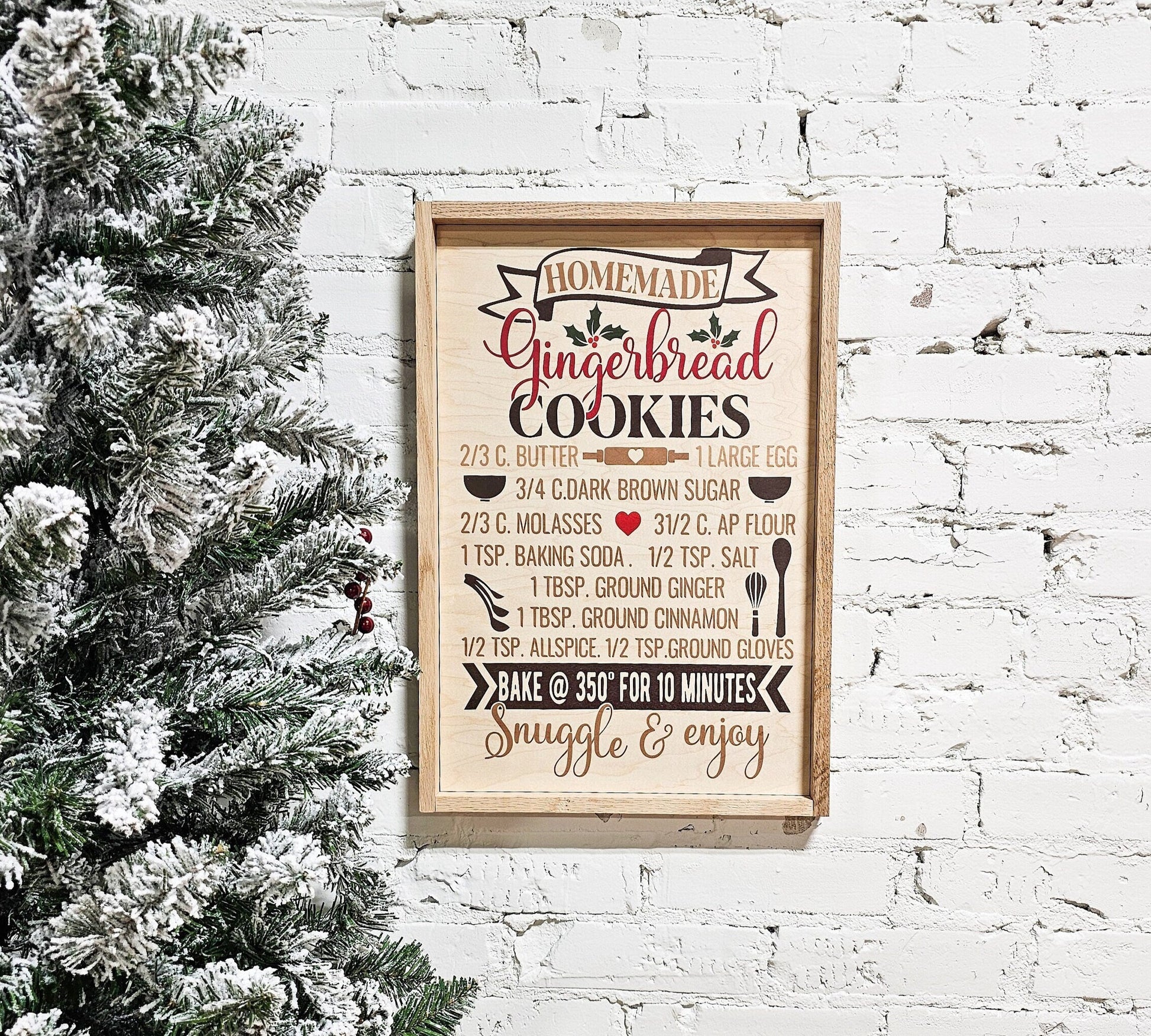 gingerbread Christmas cookie recipe wooden framed wall sign, natural wood christmas decor