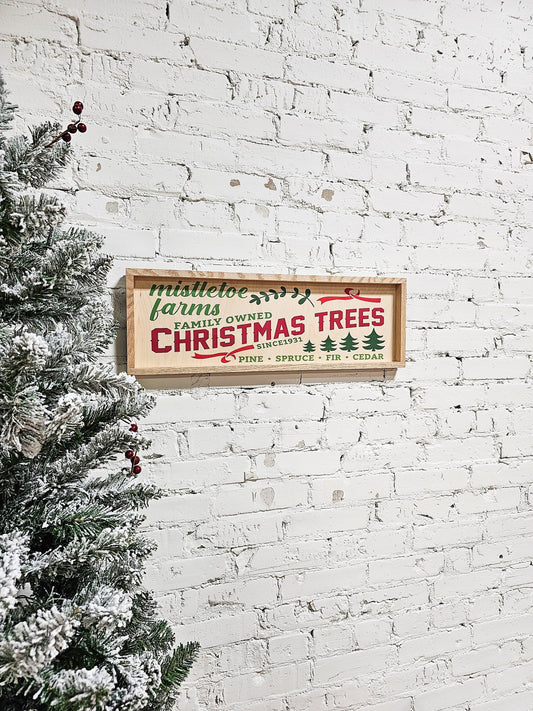 mistletoe family owned christmas tree farm sign for wall, christmas decor framed natural wood sign wall hanging