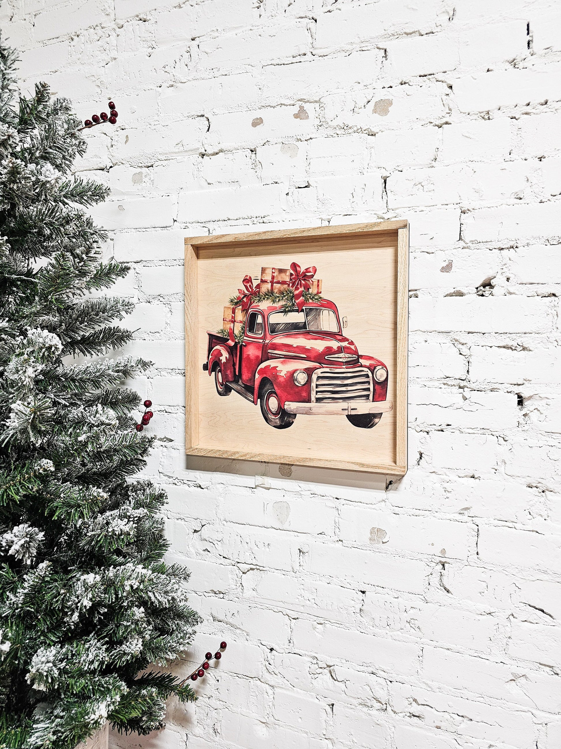 classic little red christmas truck with presents and bows, printed on a natural wooden sign, wall decor hanging