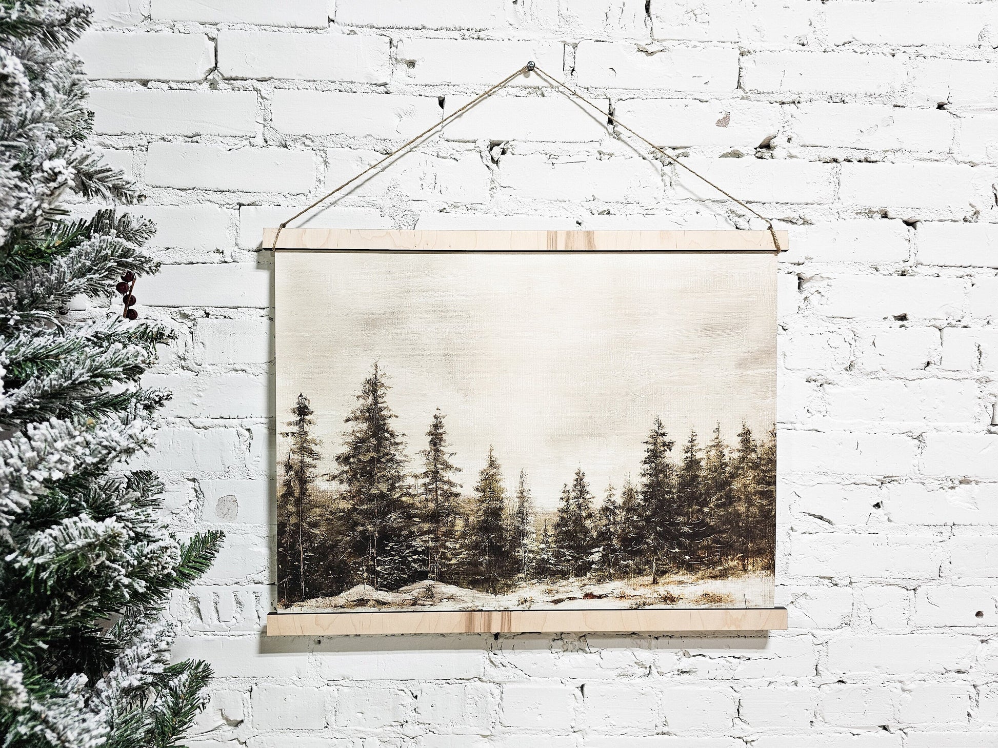 Winter Landscape Wall Art, Snowy Pine Trees Hanging Framed Canvas Decor Sign, Natural, Neutral, Simple, Minimal, Peaceful Home Decoation