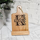 wooden oak recipe stand holder, with rope through handle, solid high quality, engraved with personalized custom name / monogram details, great personalized gift for baking, cooking, grandma mom dad grandpa