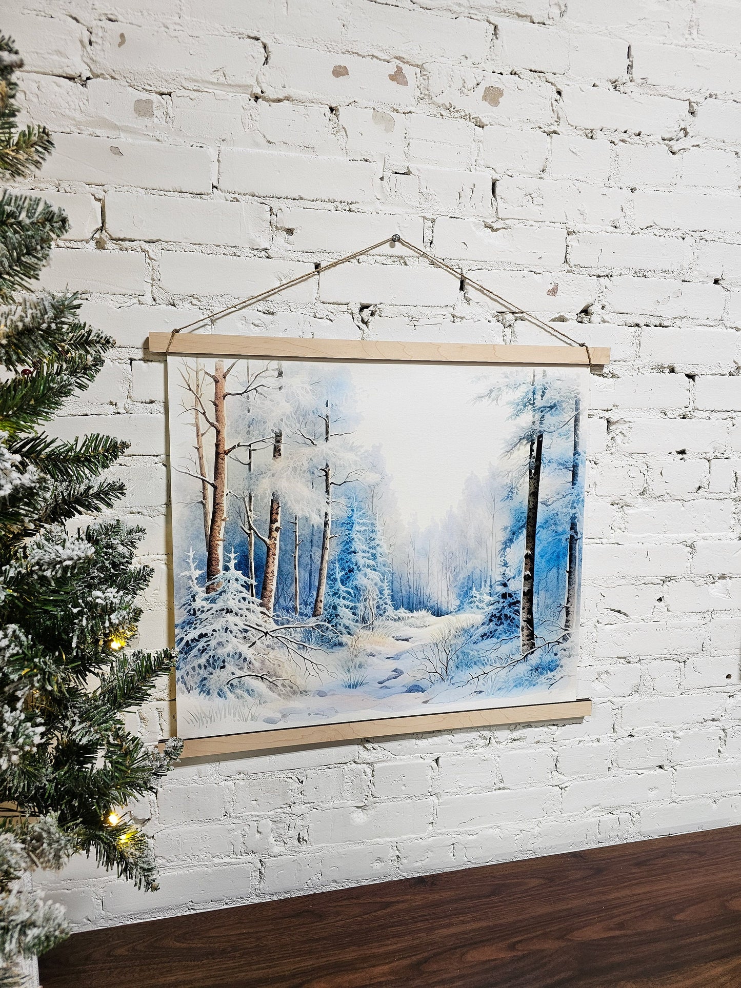 Winter Landscape Wall Art, Snow Draped Trees, Hanging Framed Canvas Decor Sign, Snowy Trail, Simple Minimal, Peaceful Home Decoration