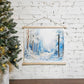 Winter landscape scene, snowy trees, creek, wonderland, serene peaceful wintery canvas wall art decor with shades of blue