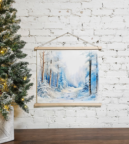 Winter landscape scene, snowy trees, creek, wonderland, serene peaceful wintery canvas wall art decor with shades of blue
