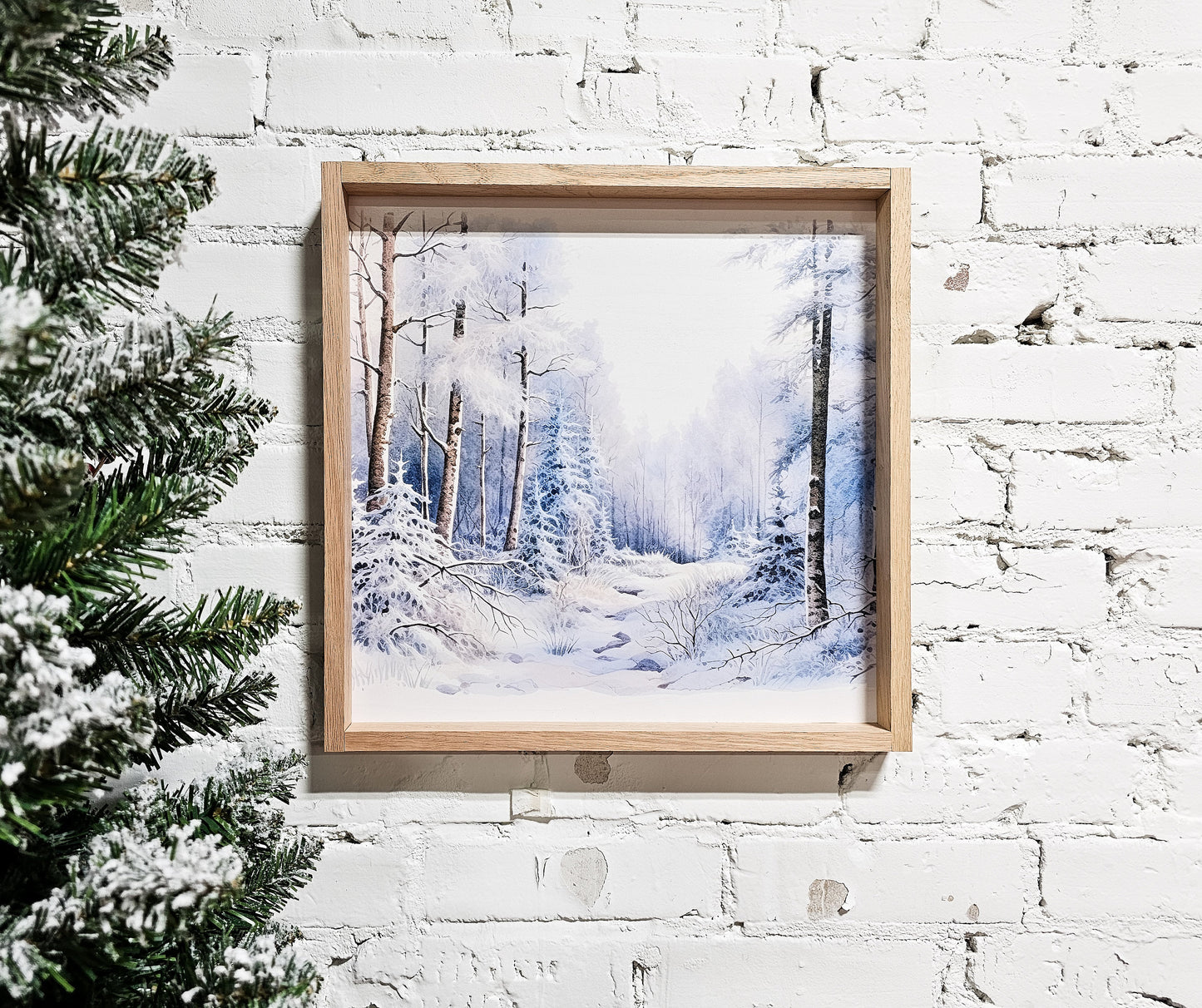 Winter Snowy Landscape Wall Art Hanging Sign, Snow Covered Trees, Trail, & Creek, Framed Canvas Wood Sign, Blue, Simple Minimal, Peaceful