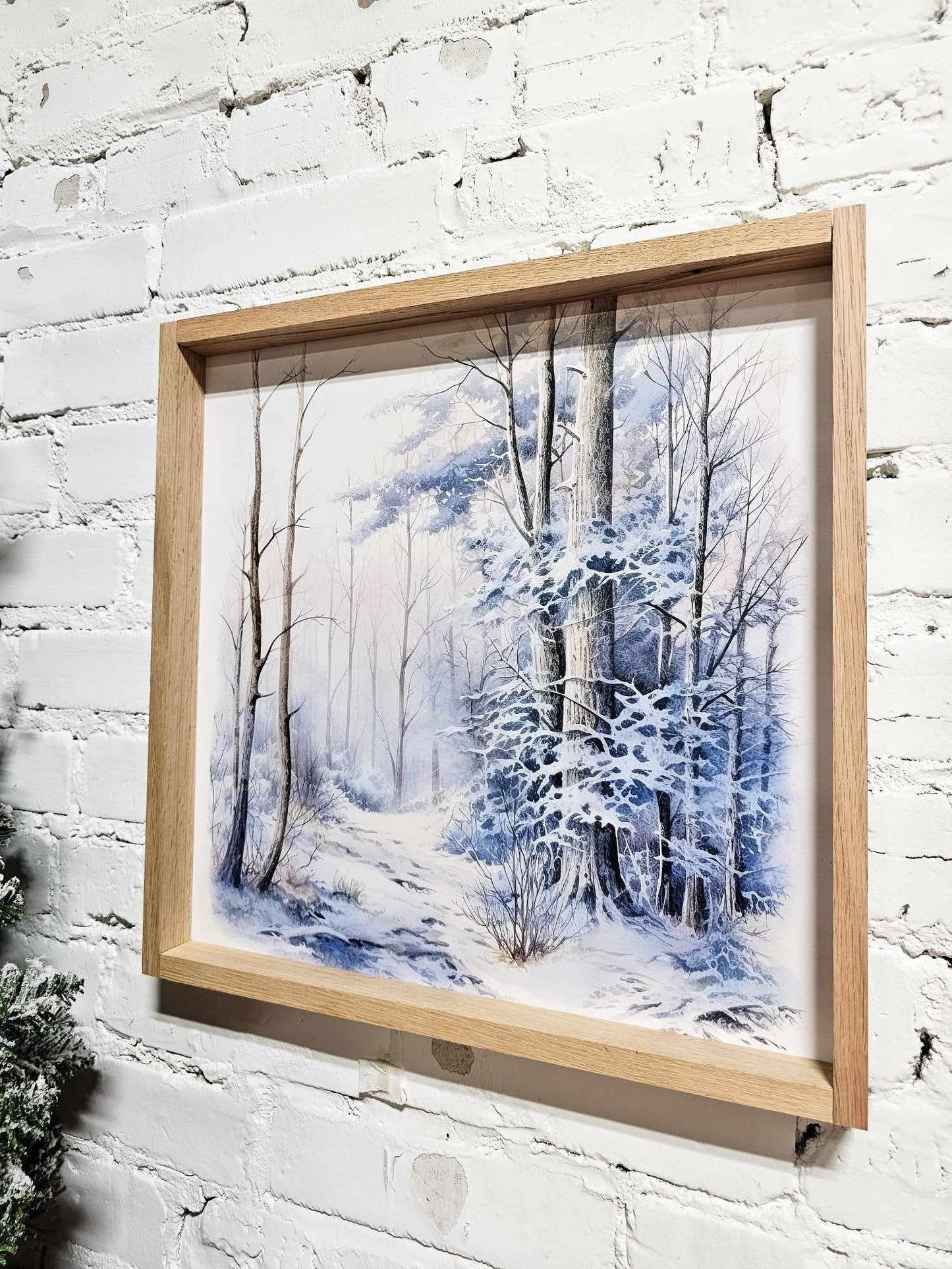 Winter Snowy Landscape Wall Art Hanging Sign, Snow Covered Trees, Trail, & Creek, Framed Canvas Wood Sign, Blue, Simple Minimal, Peaceful