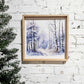 Snowy landscape, winter scene wall hanging, wood framed sign. snow draped trees & trail.