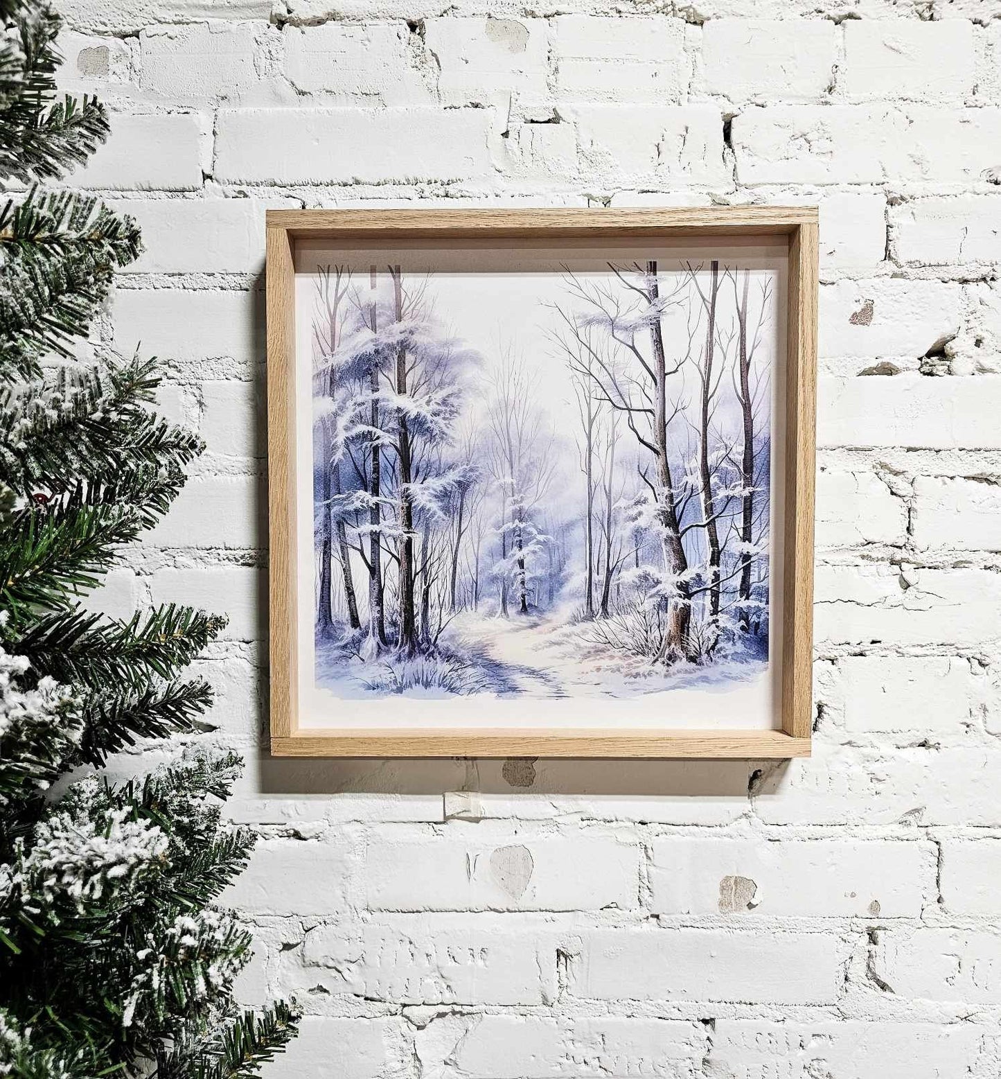 Snowy landscape, winter scene wall hanging, wood framed sign. snow draped trees & trail.