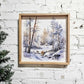 Winter Snowy Landscape Wall Art Hanging Sign, Snow Covered Trees, Trail, & Creek, Framed Canvas Wood Sign, Blue, Simple Minimal, Peaceful