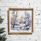 winter landscape hanging wall art scene, peaceful, simple, snowy, snow draped trees, trail, fresh fallen snow