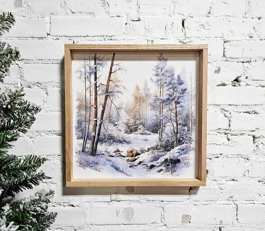 winter landscape hanging wall art scene, peaceful, simple, snowy, snow draped trees, trail, fresh fallen snow