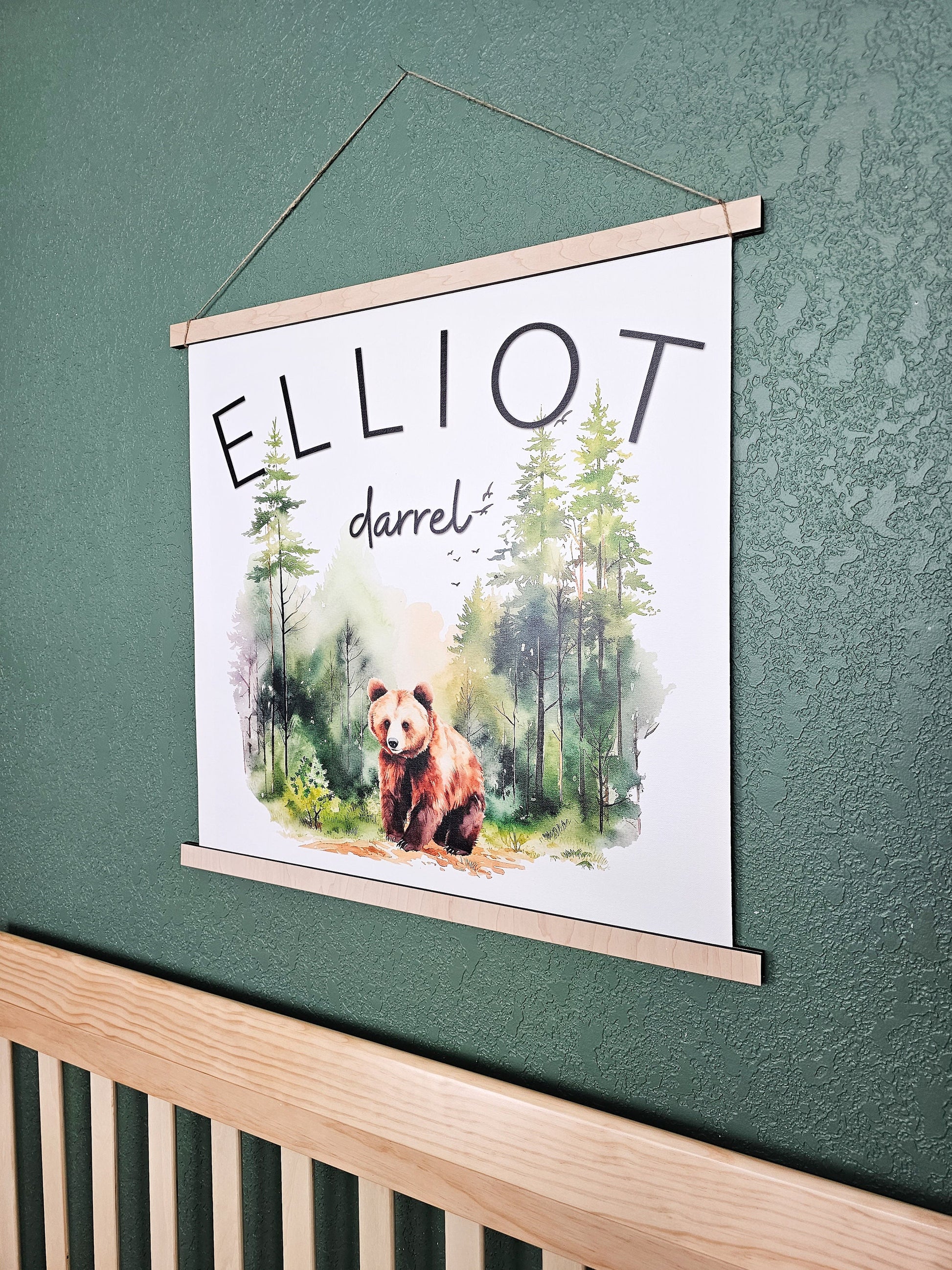 Custom Nursery Name Banner, Woodland animals Decor, Personalized with first middle names, Hanging Wall Art Printed Canvas, Kid's Room Sign