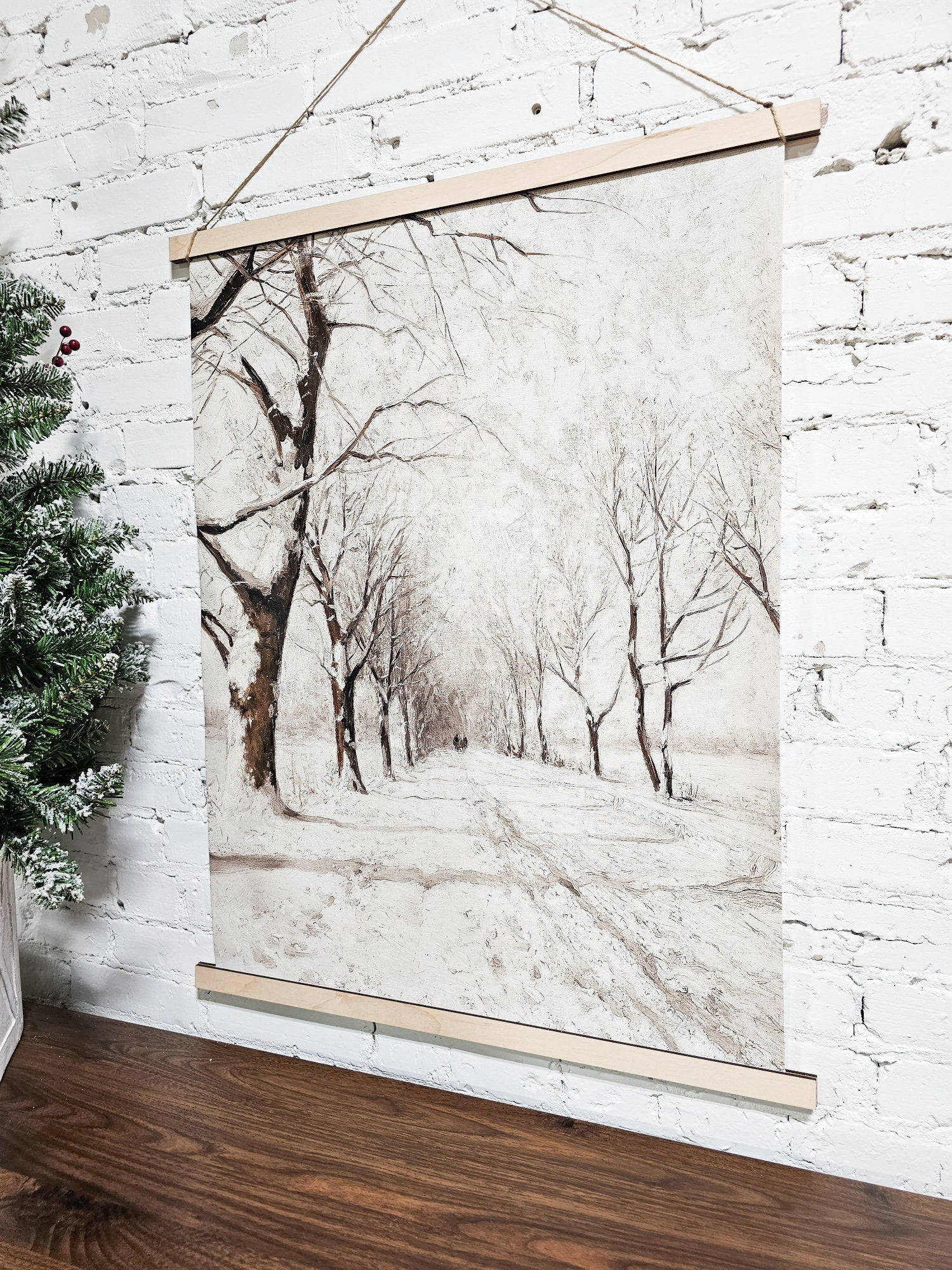 Winter Scene Wall Hanging Canvas, Snowy Trees, Cozy Christmas Vintage, Nostalgic Feel, Framed Wood & Rope, Simple, Easy to hang Lightweight