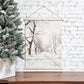 winter scene, snowy, snow draped trees, horse carriage down street, painting on canvas print, hanging from rope, wood frame on top and bottom, floating easy to hang, lightweight sign