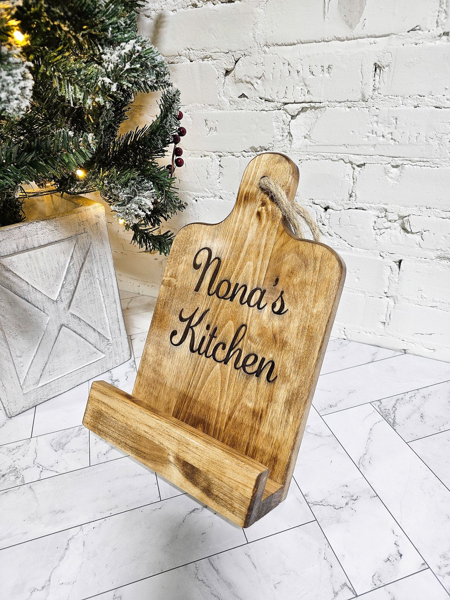 personalized gift for grandma, nana&#39;s kitchen cookbook stand, recipe holder, engraved custom details, solid wood. large. with rope handle