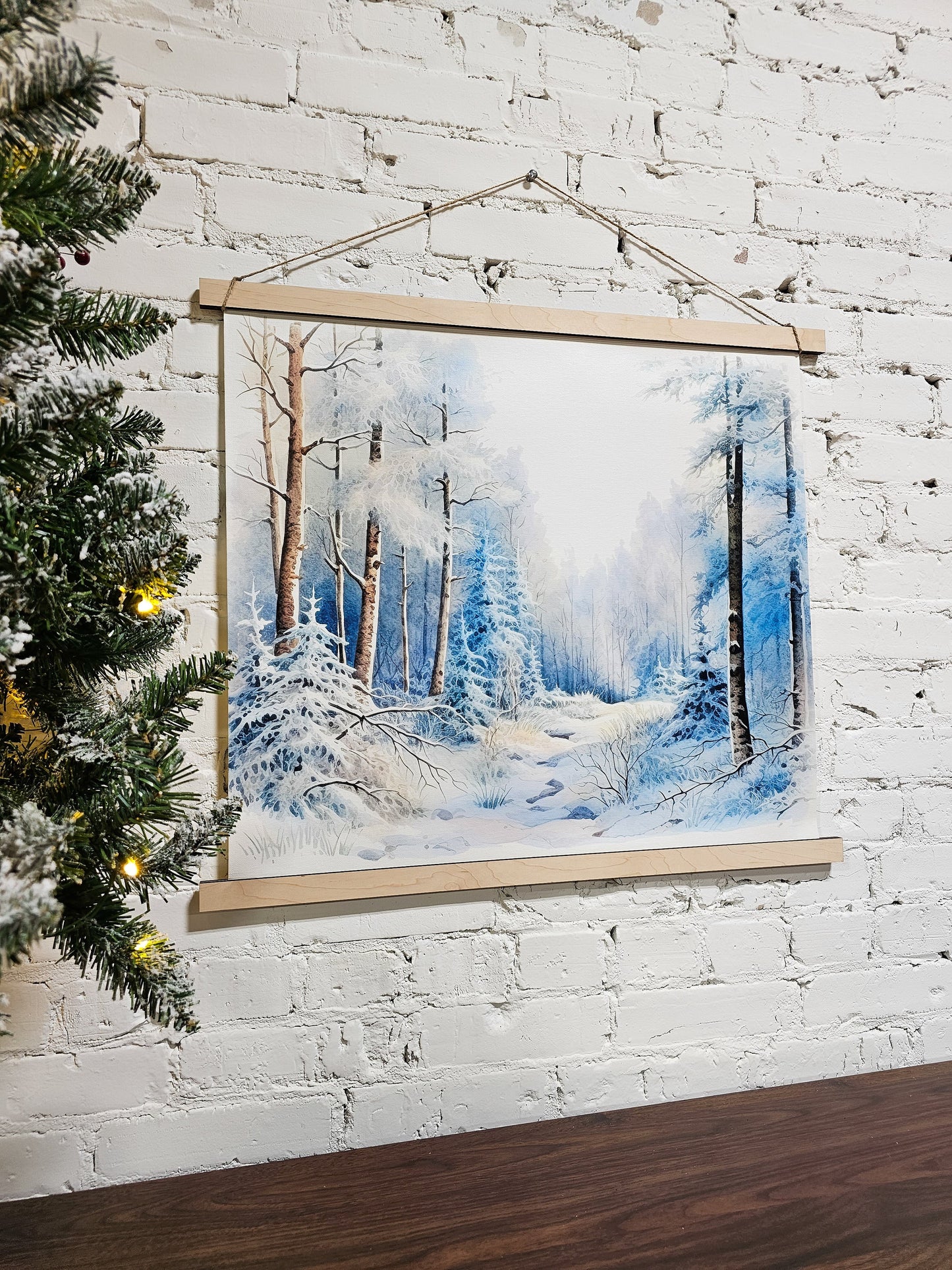 Winter landscape scene, snowy trees, creek, wonderland, serene peaceful wintery canvas wall art decor with shades of blue
